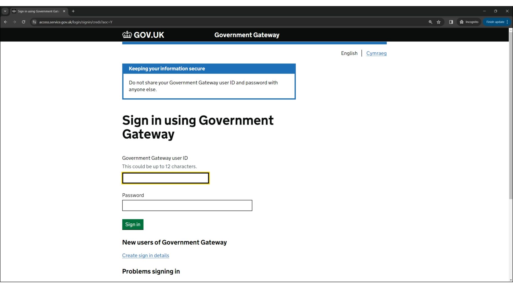 Sign in using Government Gateway.