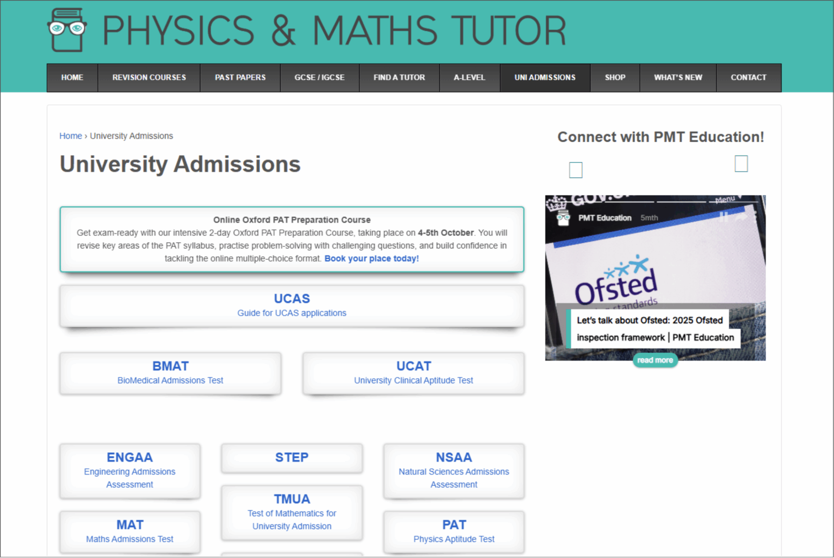 A screenshot showing the University Admissions resources page on the Physics & Maths Tutor website.