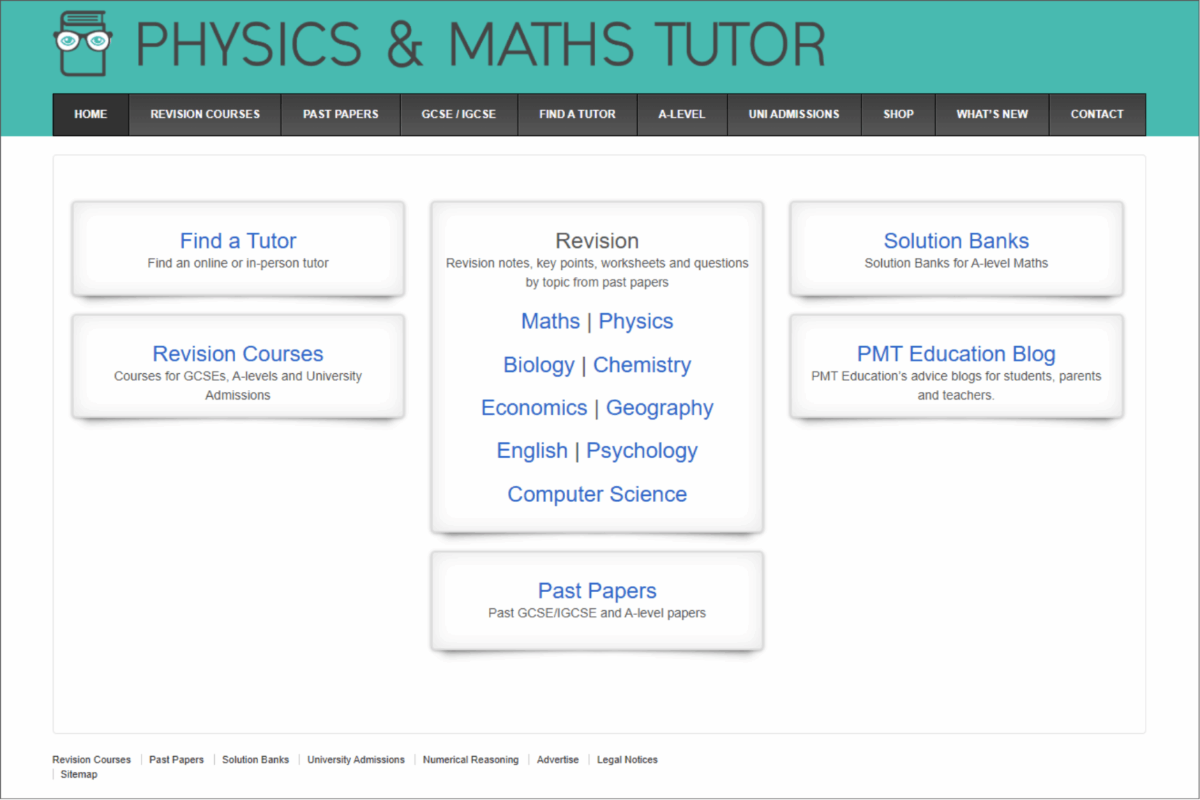 A screenshot showing the homepage for the Physics & Maths website.